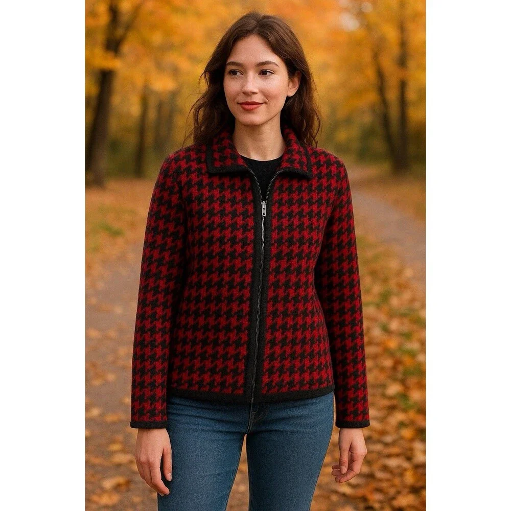 Women’s 100% Wool Red Black Houndstooth Zip Cardigan Classic Preppy Fall Size Lg